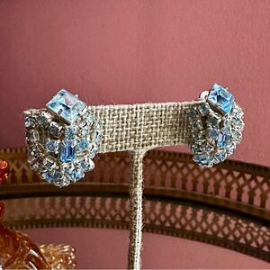 1960's Celestial Blue Glass Rhinestone Art Deco Earrings